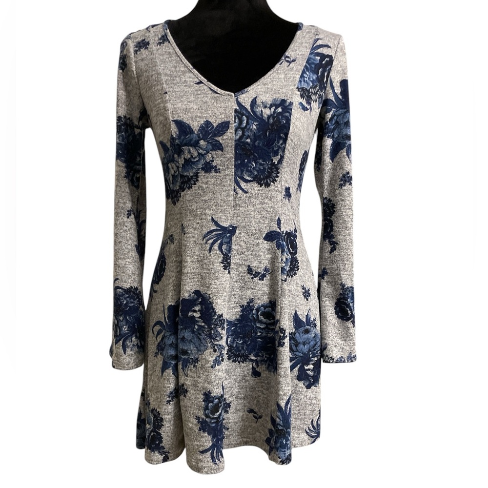 Altar’d State, Grey Long Sleeve Dress with Blue Flowers, Size S